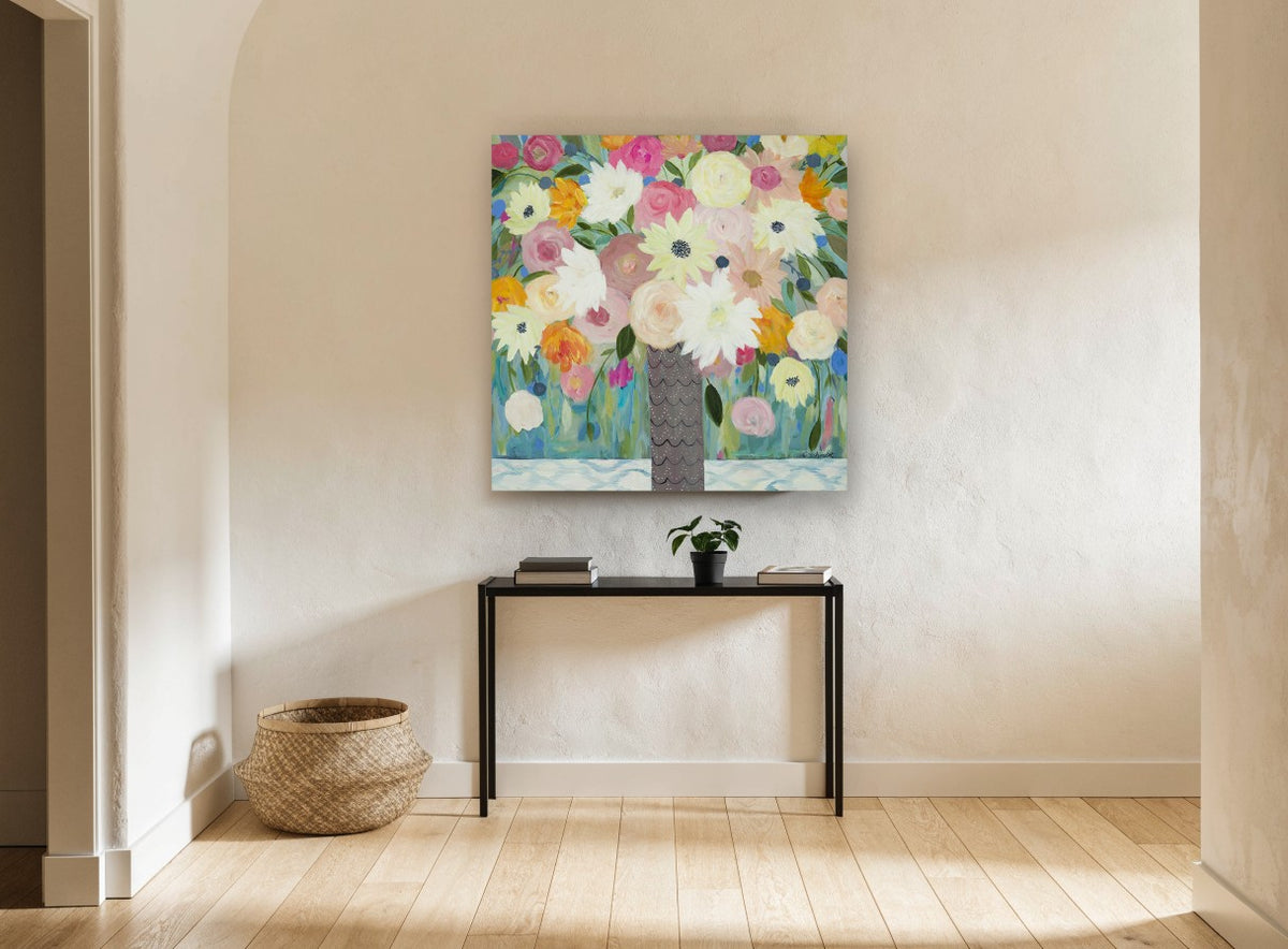 Scalloped Vase Bouquet floral canvas print on the wall of a hallway