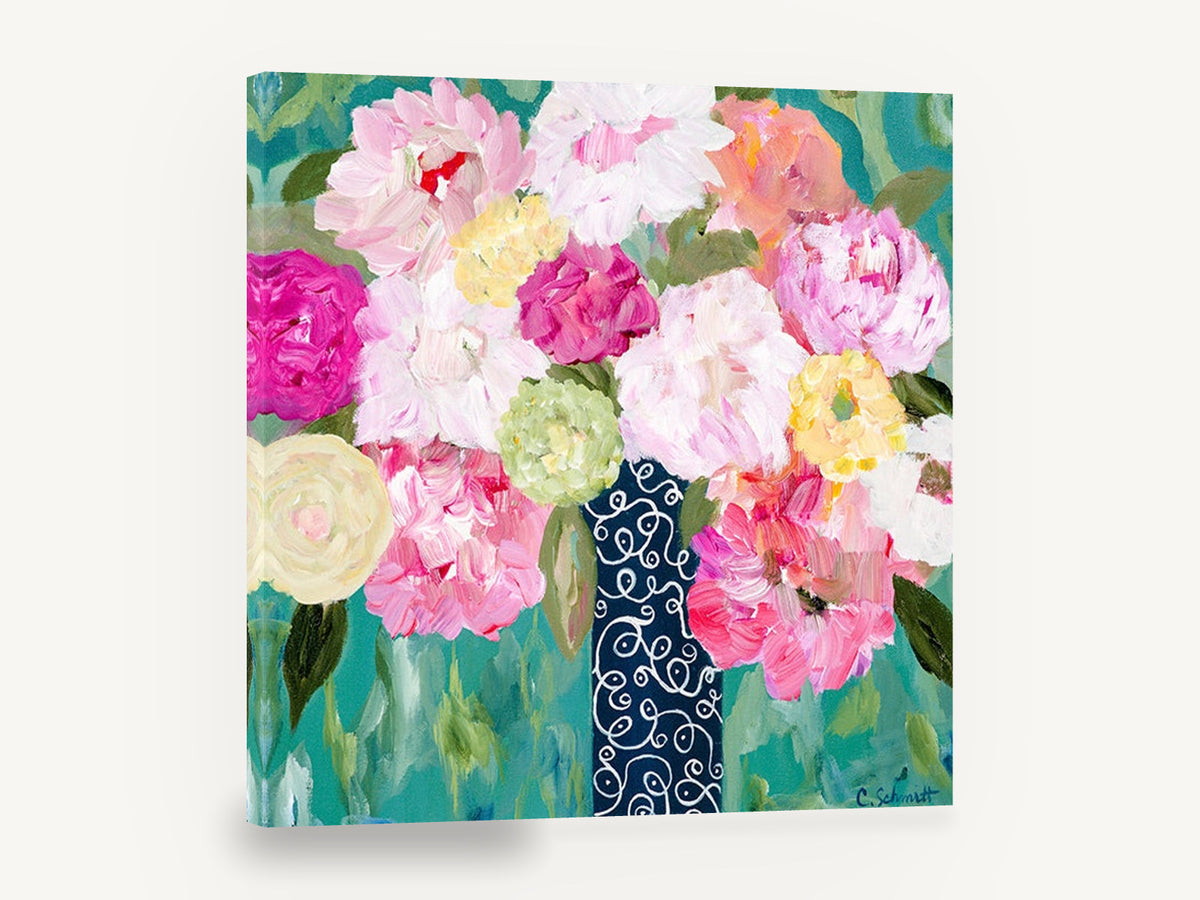 Swirl Vase Peonies, pink peony bouquet contemporary floral, floral canvas wall art print ready to hang