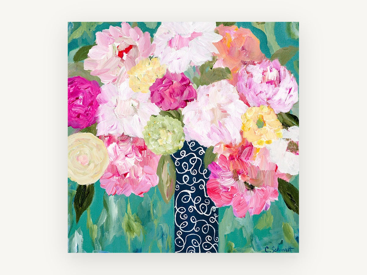Swirl Vase Peonies, floral canvas wall art print, front view