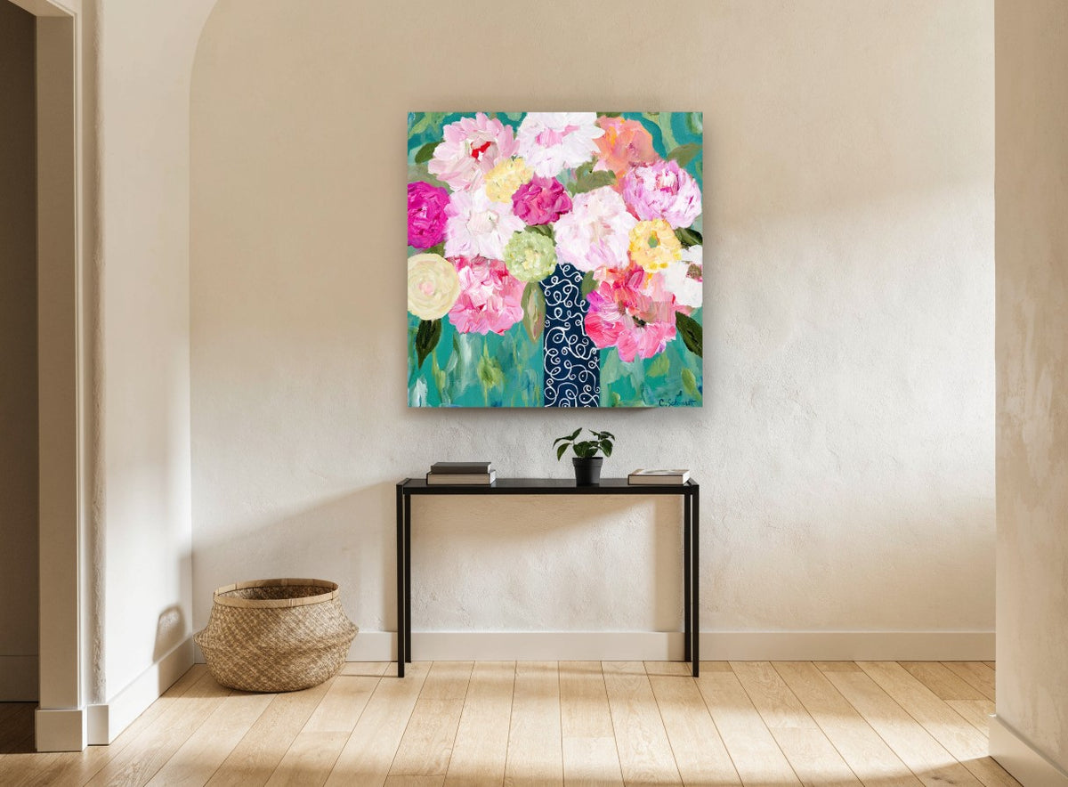 Swirl Vase Peonies floral canvas print on the wall of a hallway