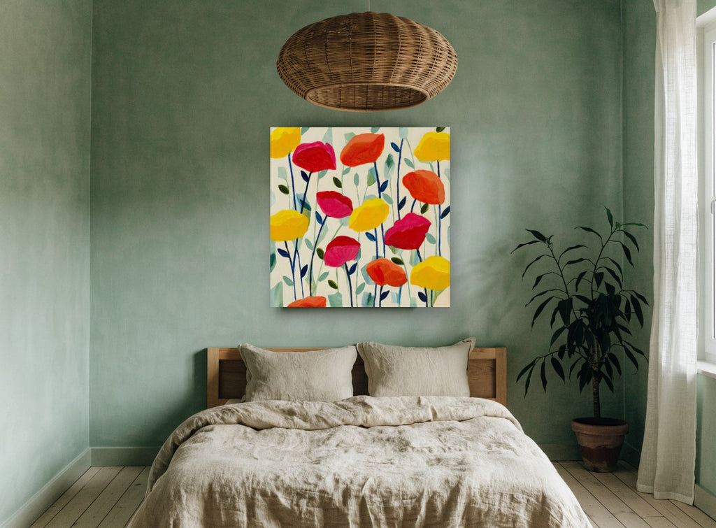 Cheerful Poppy Field floral canvas print on the wall of a bedroom