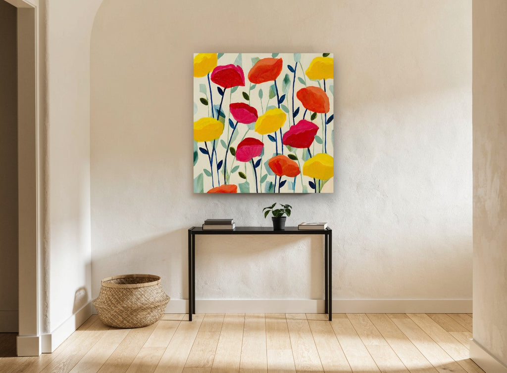 Cheerful Poppy Field floral canvas print on the wall of a hallway