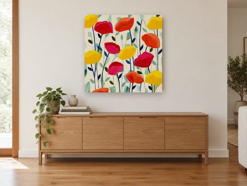 Cheerful Poppy Field floral canvas print on the wall of a living room above a sideboard