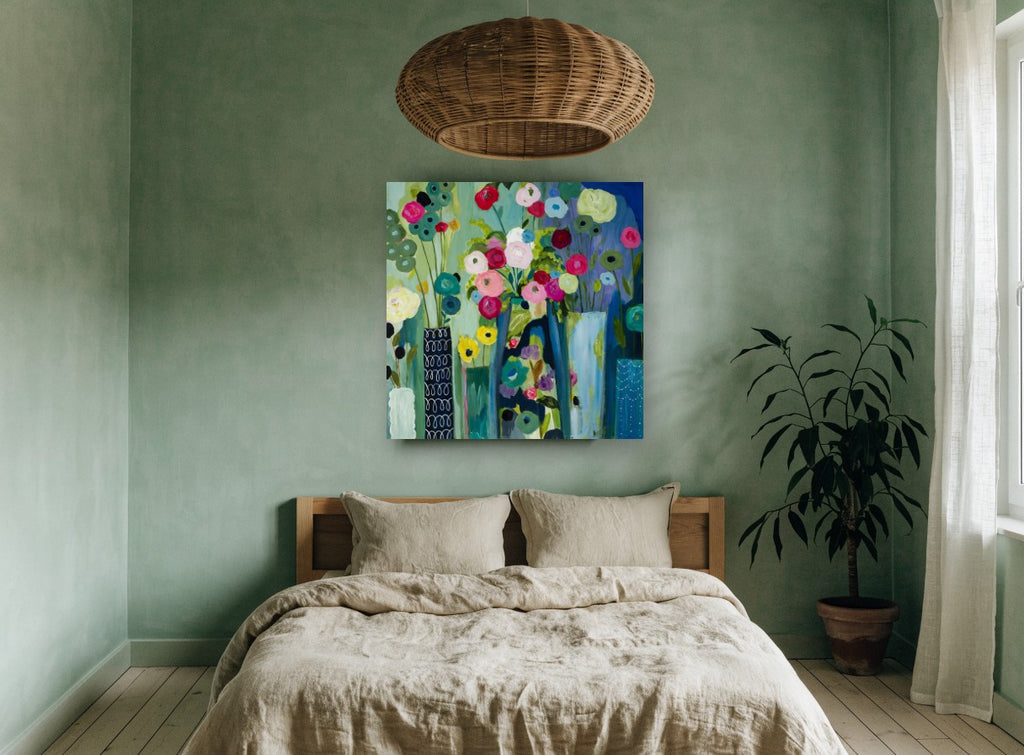 Vases of Bright Blooms floral canvas print on the wall of a bedroom