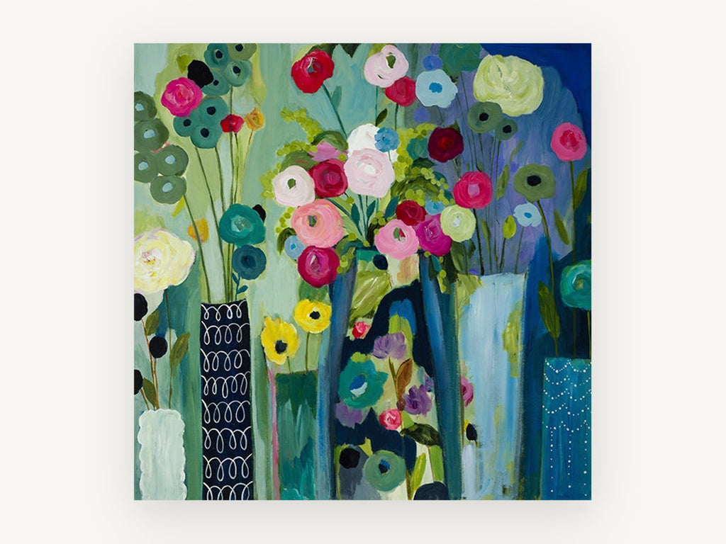 Vases of Bright Blooms, floral canvas wall art print, front view