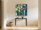Vases of Bright Blooms floral canvas print on the wall of a hallway