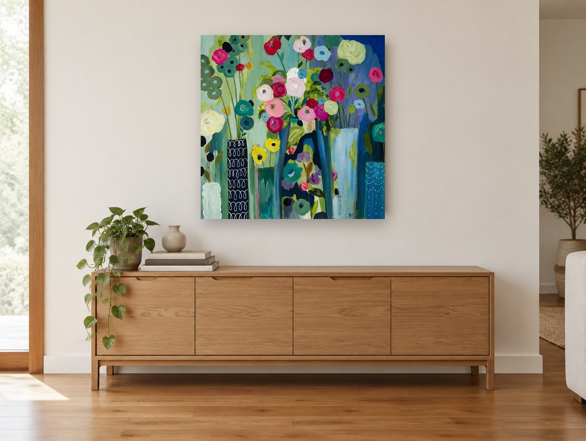 Vases of Bright Blooms floral canvas print on the wall of a living room above a sideboard