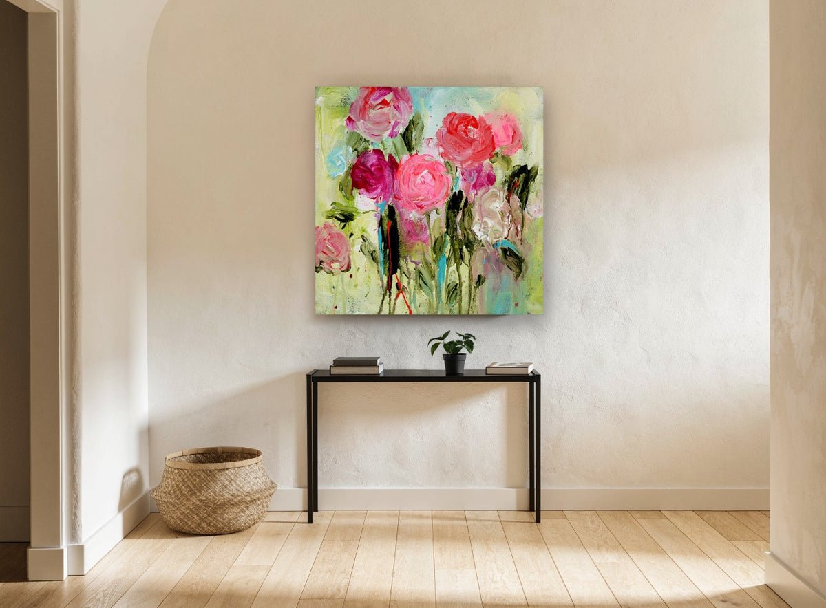 Pink Roses in Motion floral canvas print on the wall of a hallway