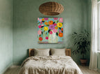 Fiesta Bouquet on Teal floral canvas print on the wall of a bedroom