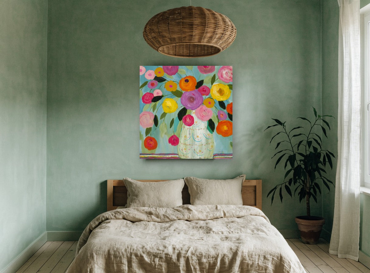 Fiesta Bouquet on Teal floral canvas print on the wall of a bedroom