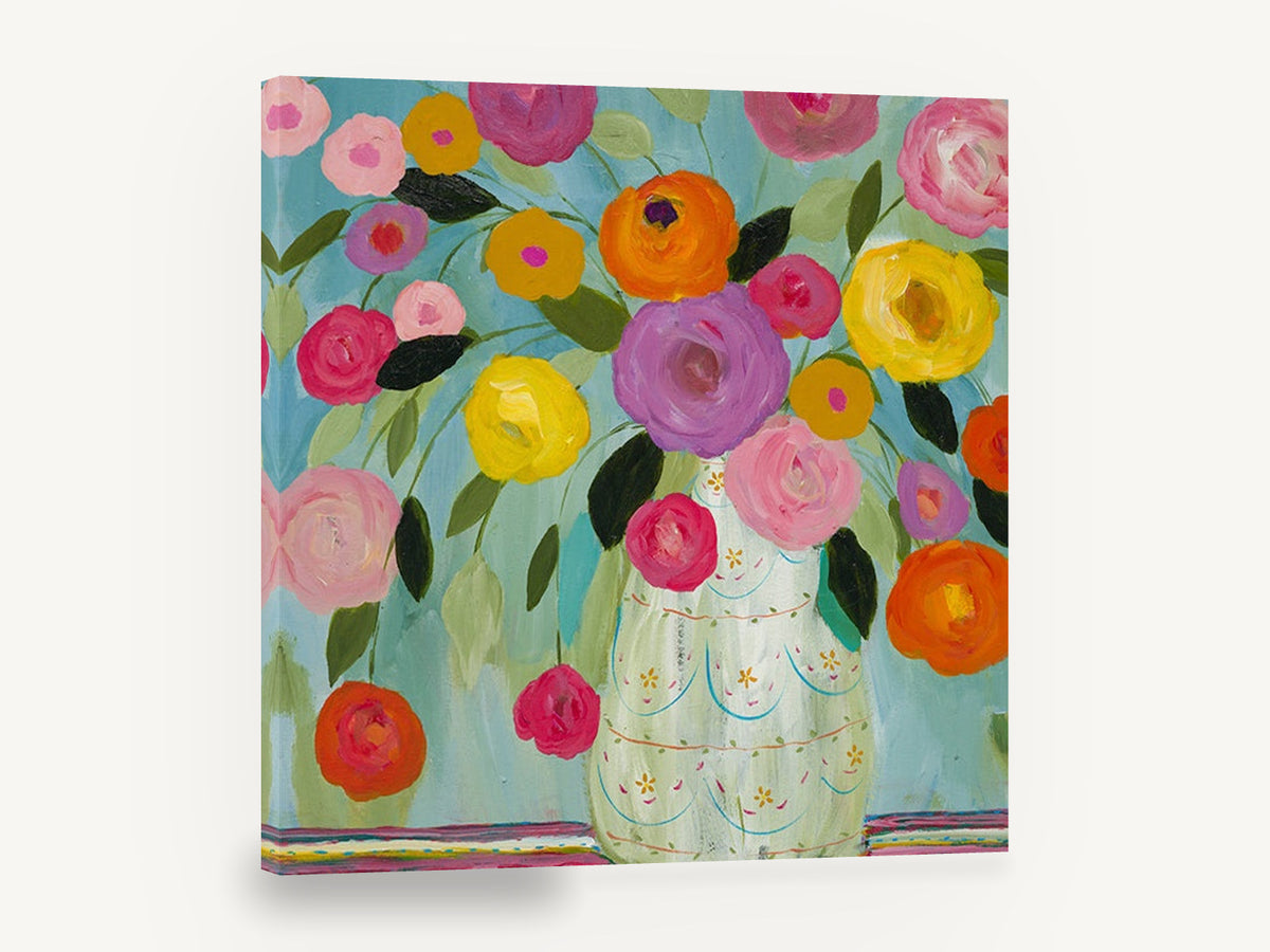 Fiesta Bouquet on Teal, colourful ranunculus bouquet vase painting, floral canvas wall art print ready to hang