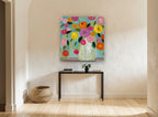 Fiesta Bouquet on Teal floral canvas print on the wall of a hallway