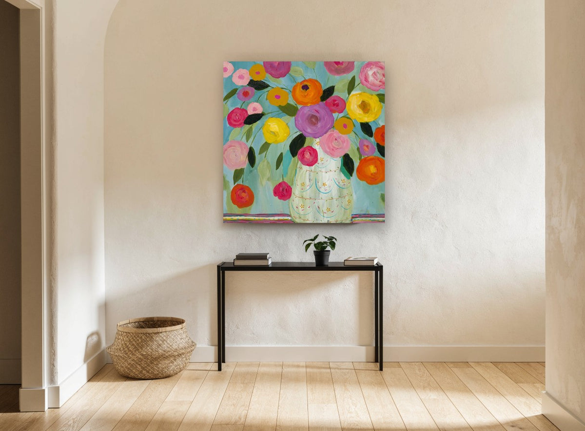 Fiesta Bouquet on Teal floral canvas print on the wall of a hallway