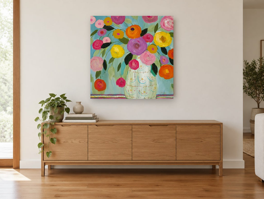 Fiesta Bouquet on Teal floral canvas print on the wall of a living room above a sideboard