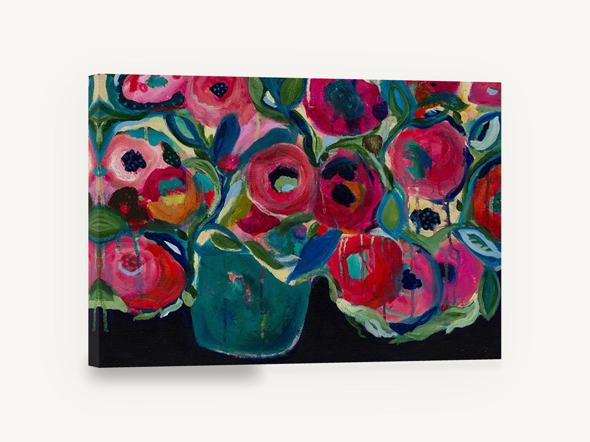 Crimson Poppies in Teal, pink red poppies teal vase painting, floral canvas wall art print ready to hang