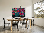 Crimson Poppies in Teal floral canvas print on the wall of a dining room