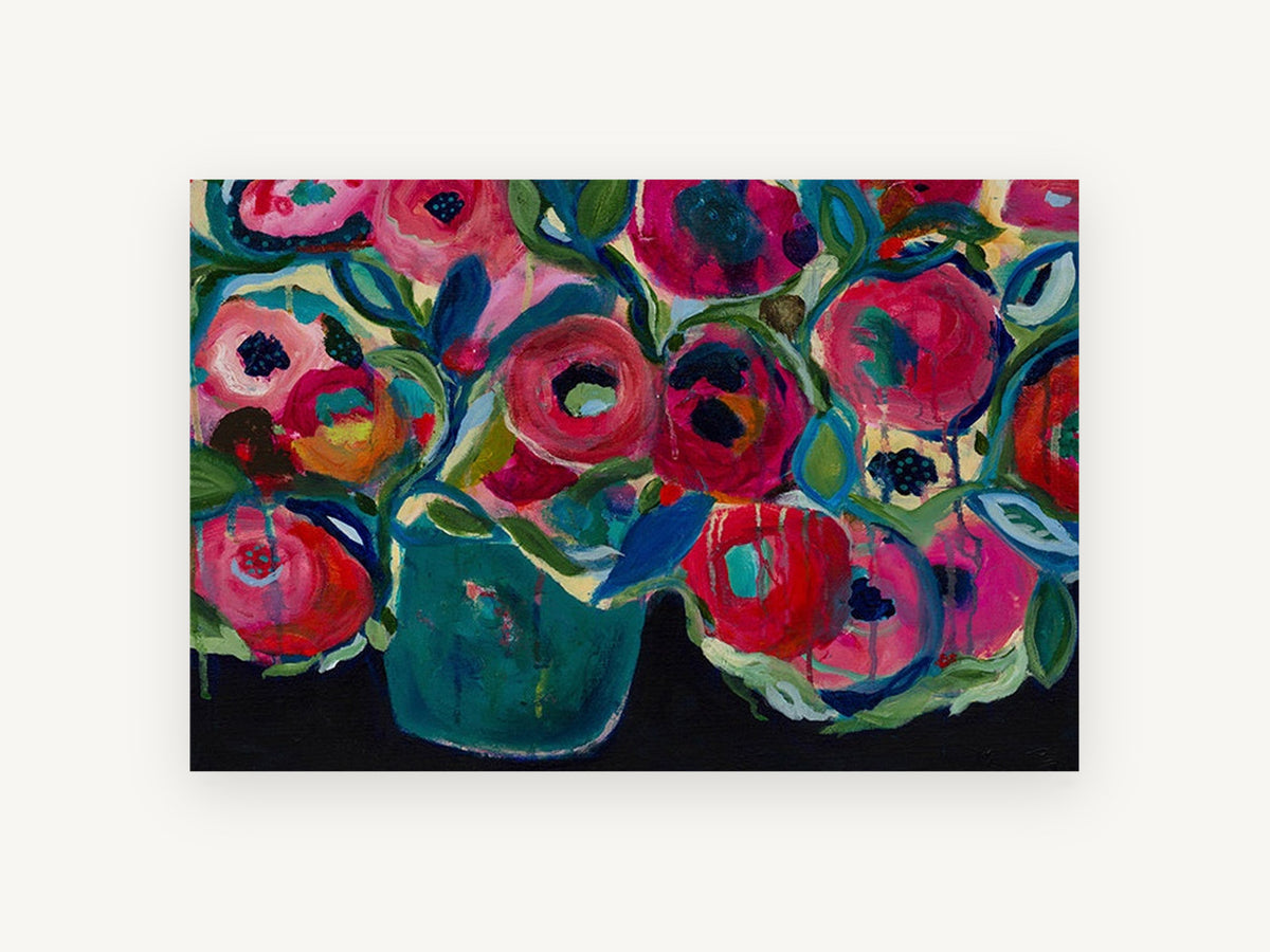 Crimson Poppies in Teal, floral canvas wall art print, front view