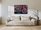 Crimson Poppies in Teal floral canvas print on the wall of a living room