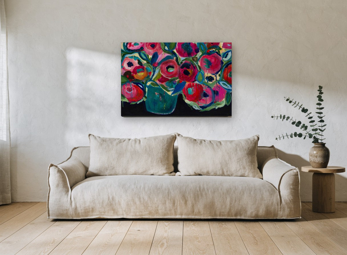 Crimson Poppies in Teal floral canvas print on the wall of a living room