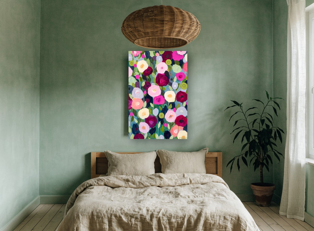 Midnight Bloom Meadow floral canvas print on the wall of a bedroom
