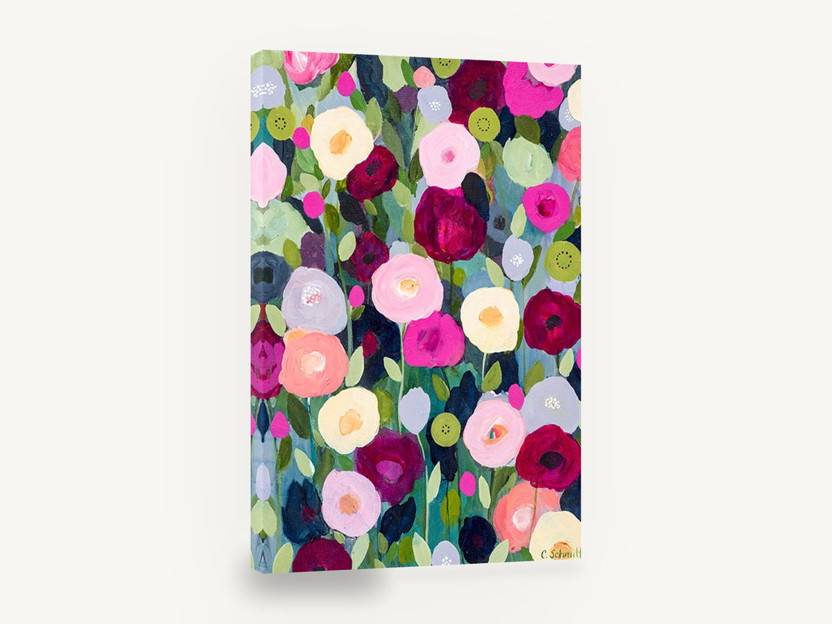 Midnight Bloom Meadow, pink and burgundy flowers acrylic floral, floral canvas wall art print ready to hang