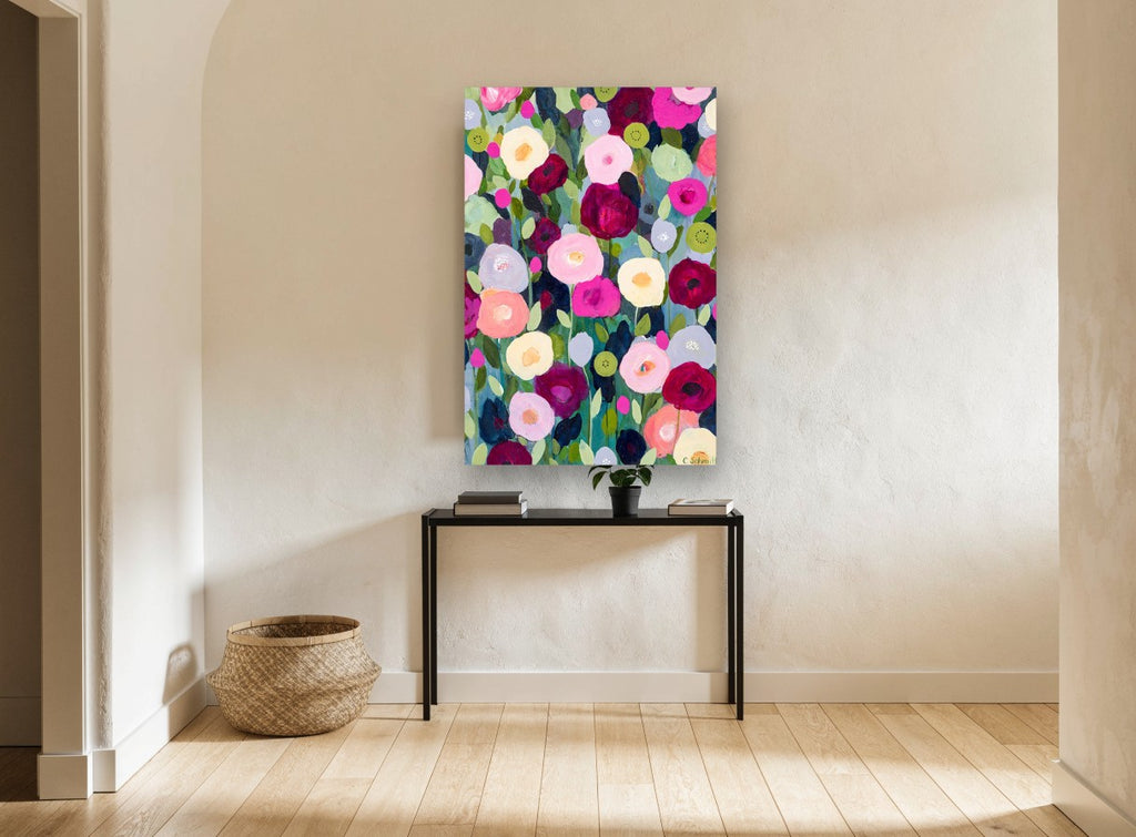 Midnight Bloom Meadow floral canvas print on the wall of a hallway