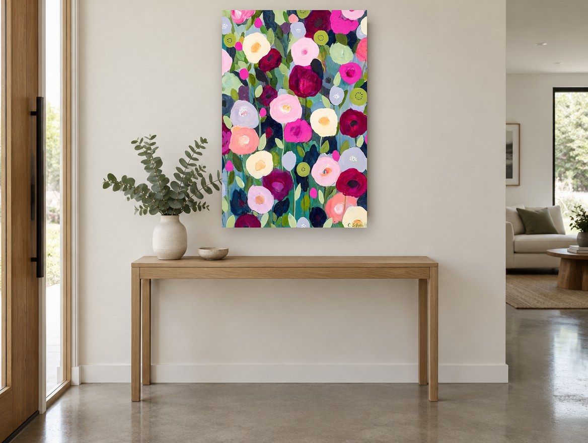Midnight Bloom Meadow floral canvas print on the wall of a entry hall