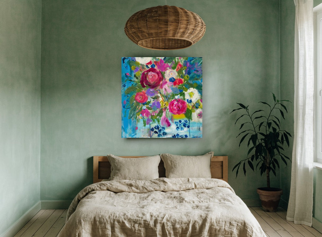 Blue Vase Bouquet floral canvas print on the wall of a bedroom