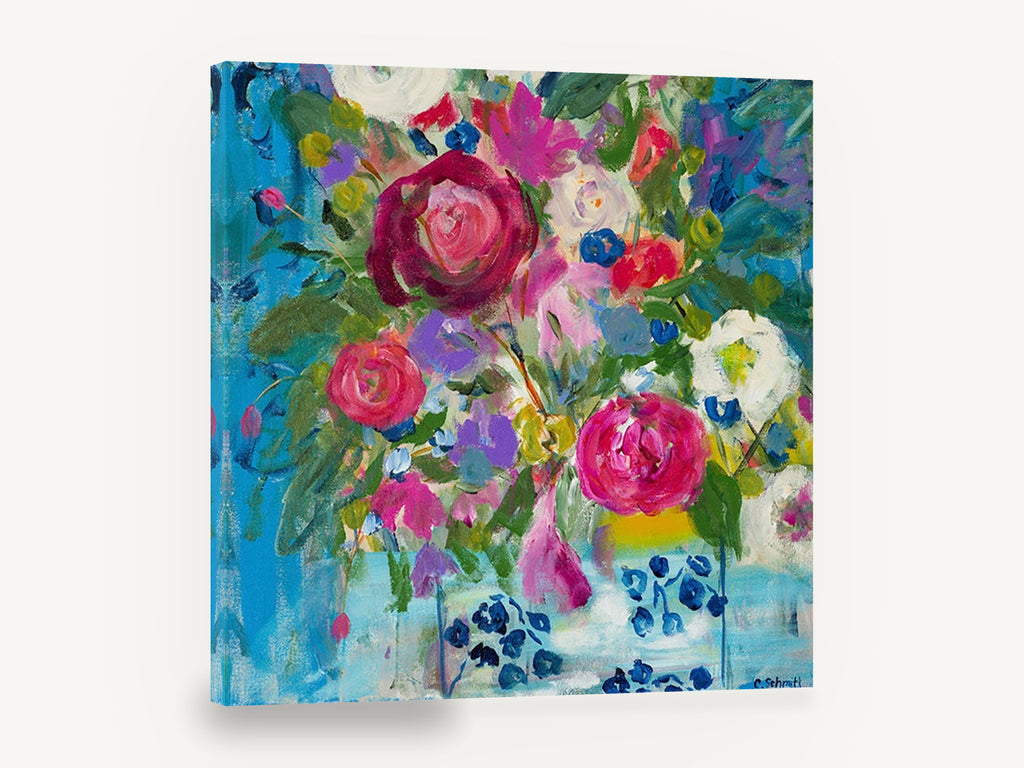Blue Vase Bouquet, pink rose bouquet contemporary floral, floral canvas wall art print ready to hang