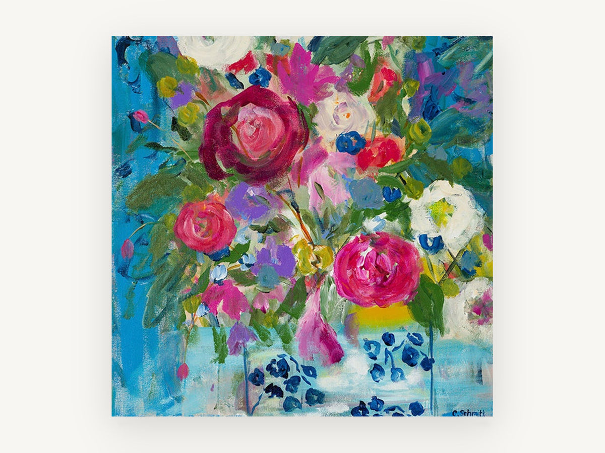 Blue Vase Bouquet, floral canvas wall art print, front view