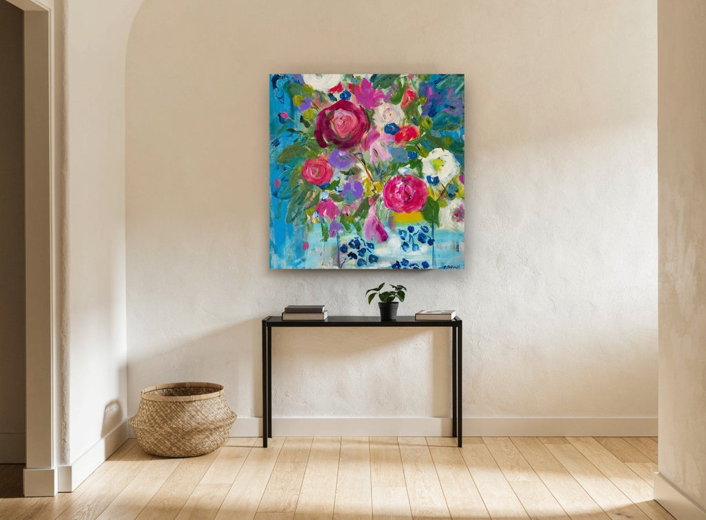 Blue Vase Bouquet floral canvas print on the wall of a hallway