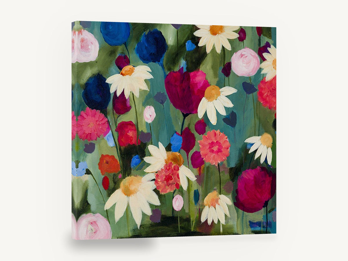 Daisy Garden Reverie, colourful daisy and peony floral painting, floral canvas wall art print ready to hang