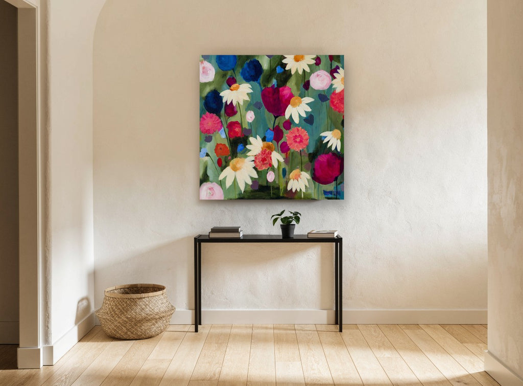 Daisy Garden Reverie floral canvas print on the wall of a hallway