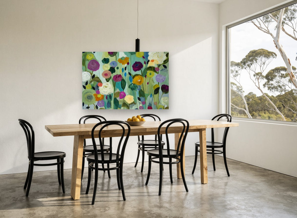 Garden of Round Blooms floral canvas print on the wall of a dining room