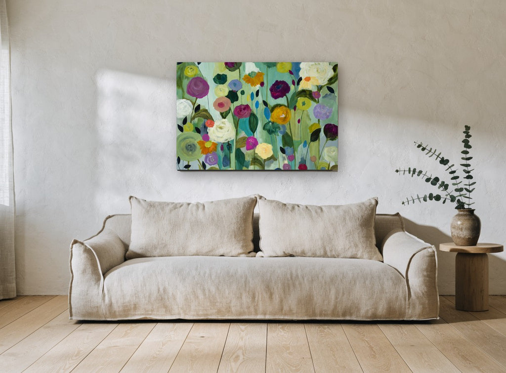 Garden of Round Blooms floral canvas print on the wall of a living room