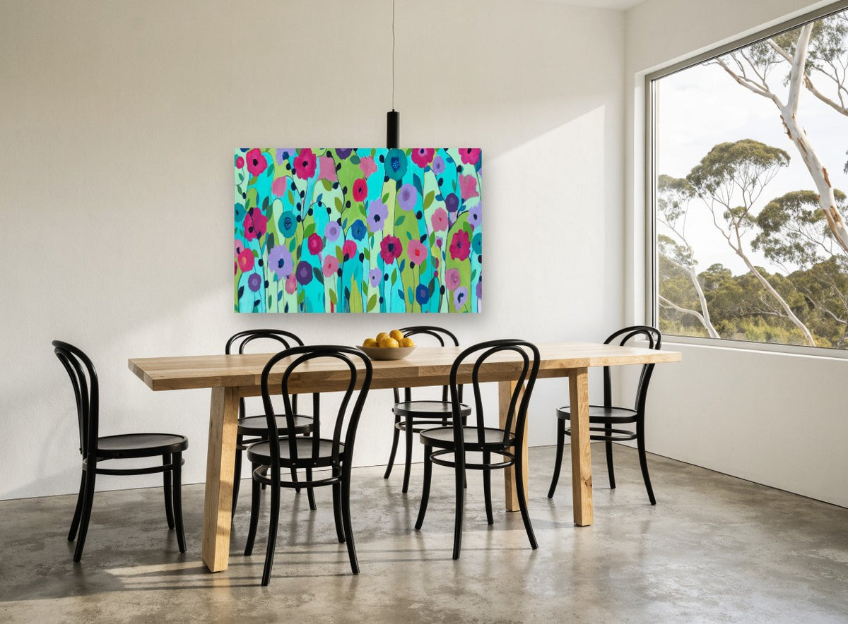 Garden of Bright Blooms floral canvas print on the wall of a dining room