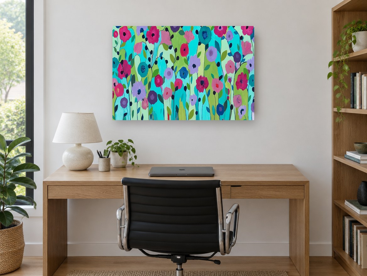 Garden of Bright Blooms floral canvas print on the wall of a study