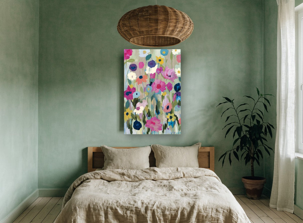 Meadow of Loose Blooms floral canvas print on the wall of a bedroom