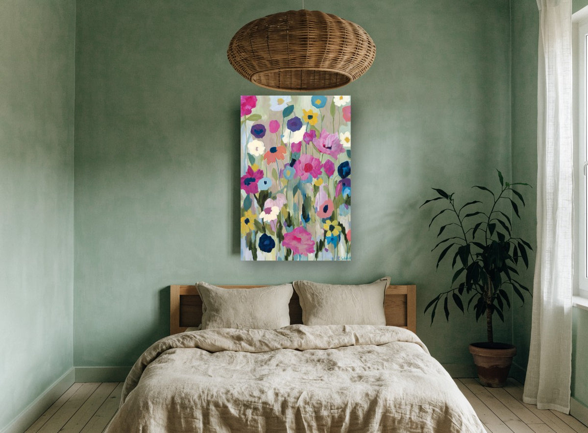 Meadow of Loose Blooms floral canvas print on the wall of a bedroom