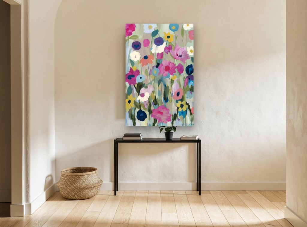 Meadow of Loose Blooms floral canvas print on the wall of a hallway
