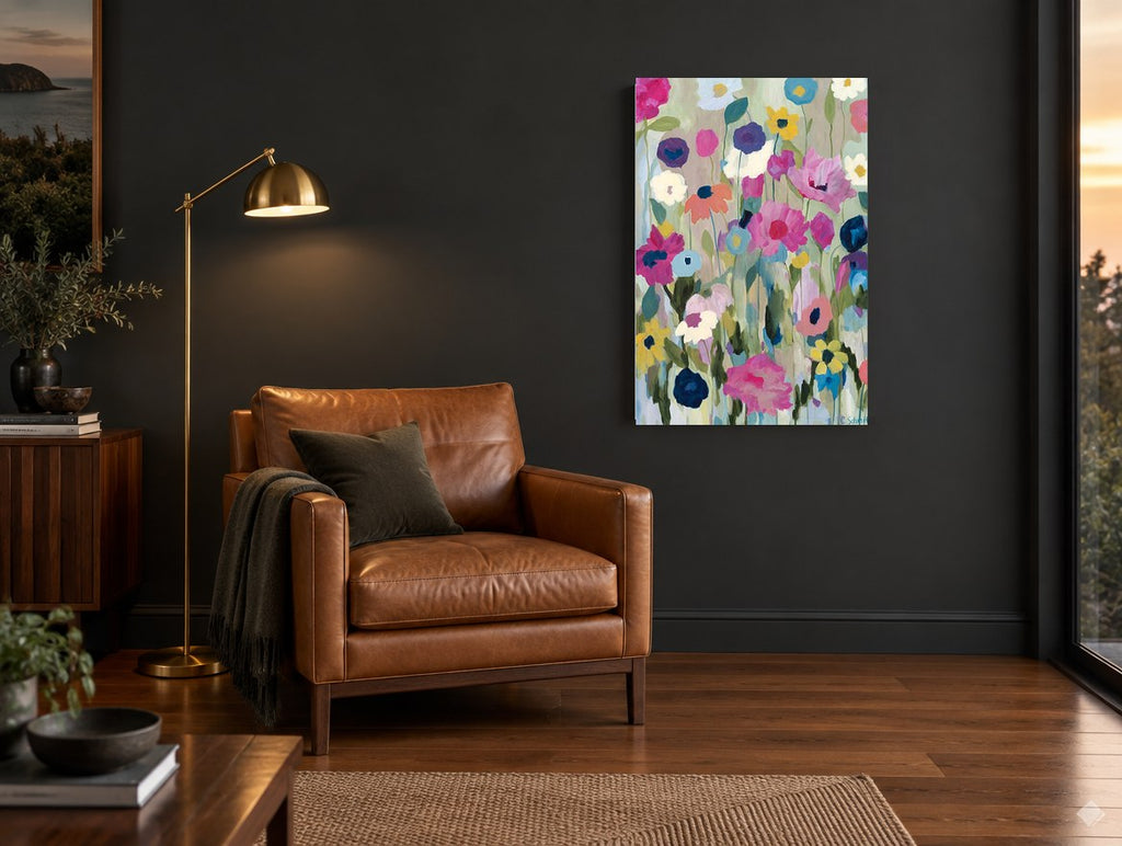 Meadow of Loose Blooms floral canvas print on the wall of a charcoal living room