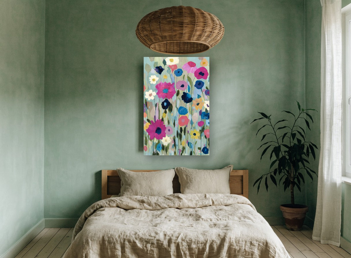 Meadow of Magenta Blooms floral canvas print on the wall of a bedroom