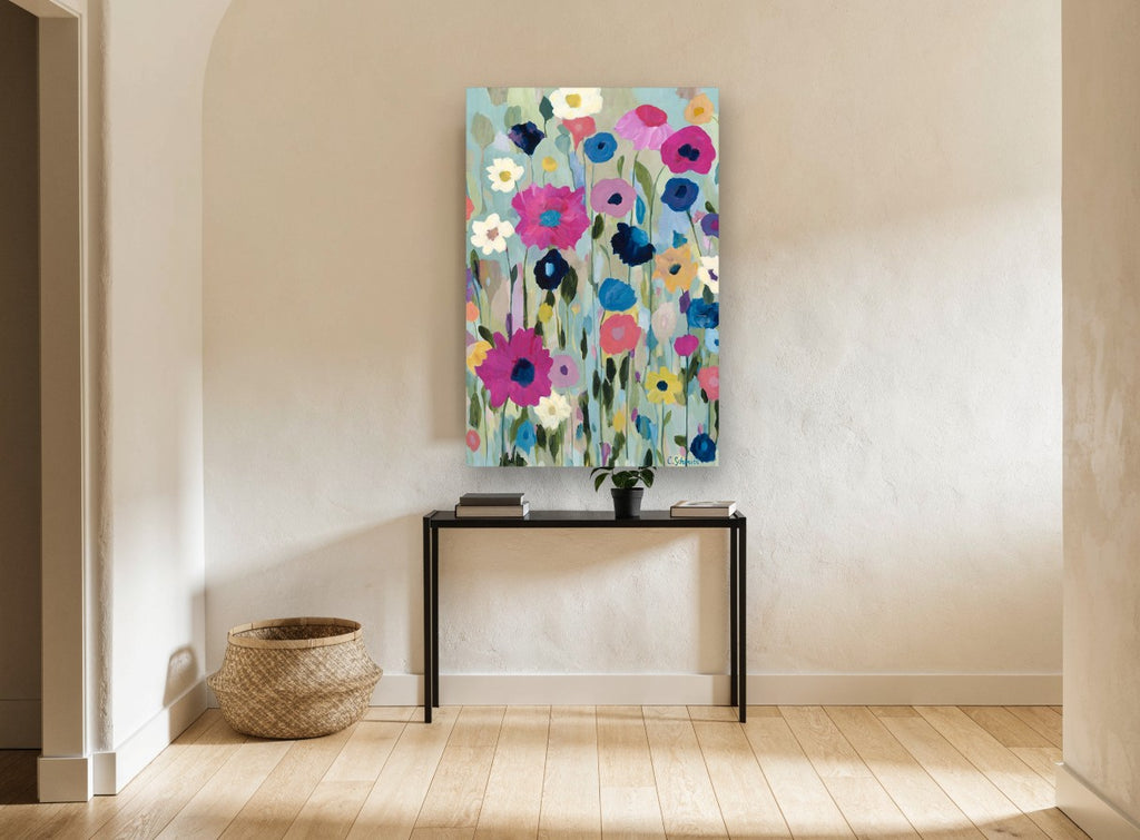 Meadow of Magenta Blooms floral canvas print on the wall of a hallway