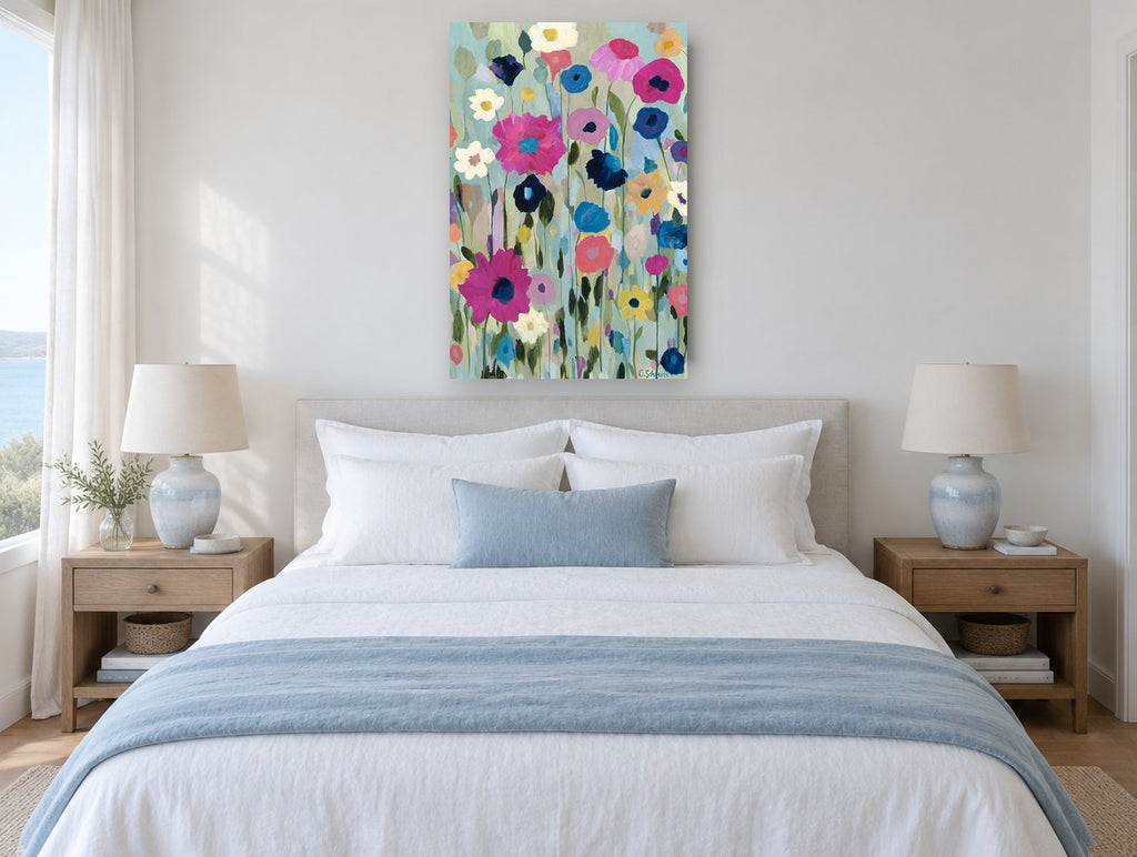 Meadow of Magenta Blooms floral canvas print on the wall of a coastal bedroom