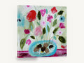Pink Blooms in Turquoise Bowl, pink and red flowers turquoise bowl painting, floral canvas wall art print ready to hang
