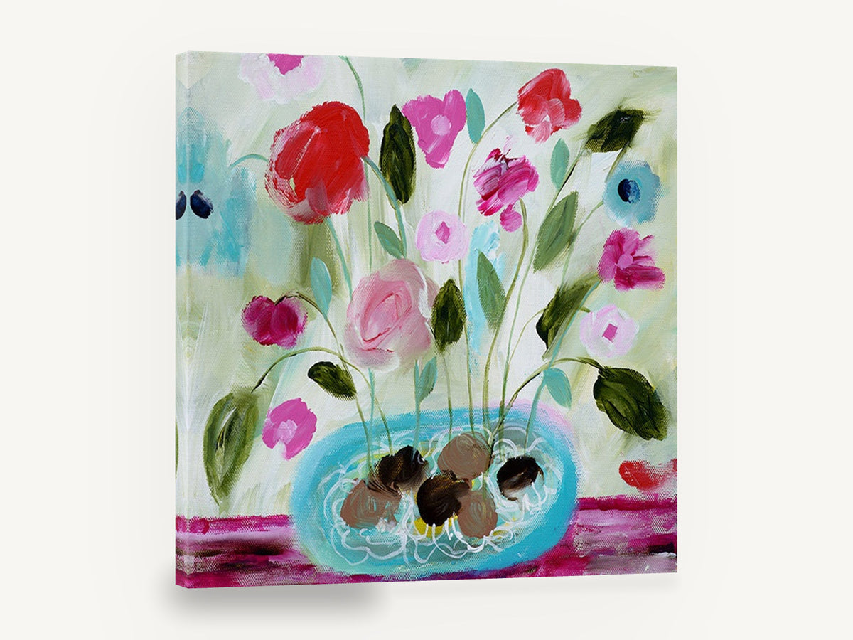 Pink Blooms in Turquoise Bowl, pink and red flowers turquoise bowl painting, floral canvas wall art print ready to hang