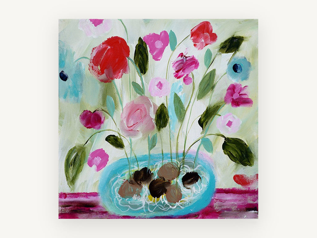 Pink Blooms in Turquoise Bowl, floral canvas wall art print, front view