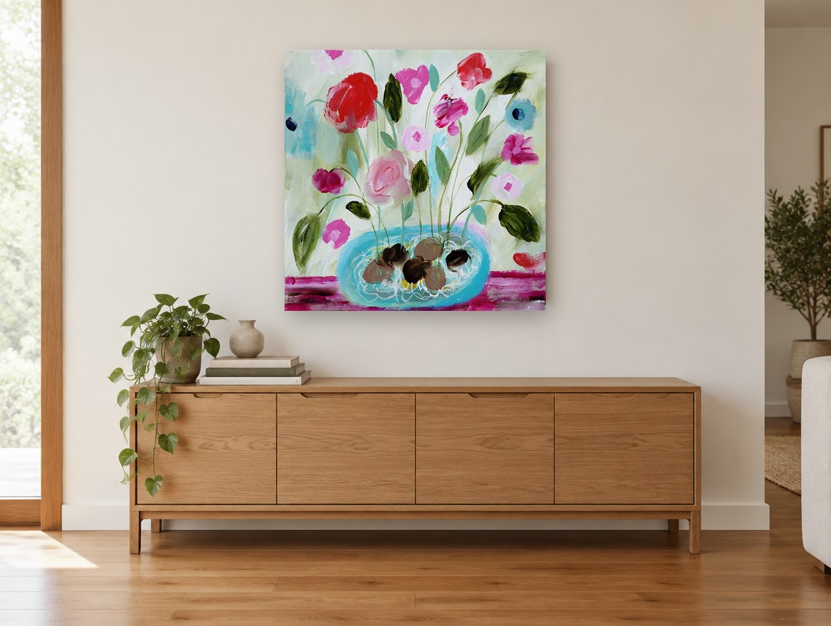 Pink Blooms in Turquoise Bowl floral canvas print on the wall of a living room above a sideboard