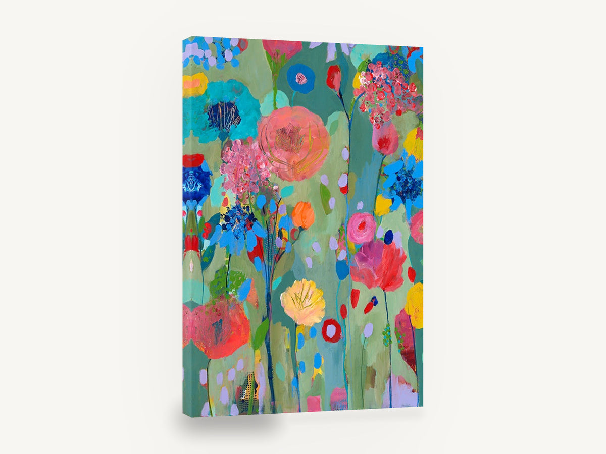 Meadow of Bright Blooms, colourful abstract flowers painting style, floral canvas wall art print ready to hang