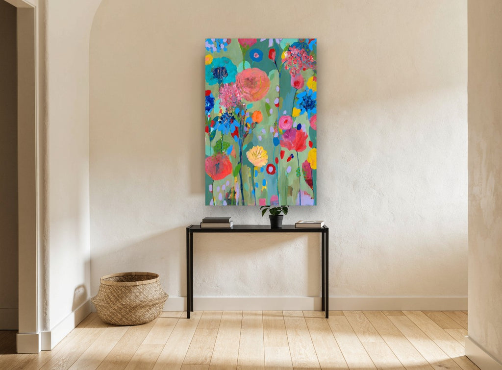 Meadow of Bright Blooms floral canvas print on the wall of a hallway